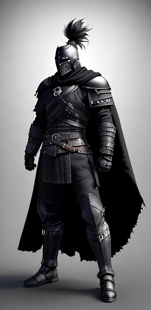 Prompt: Digital Art, a sinister viking man, black armor, black helmet, black visvor for helmet, black gear, with a long black ponytail coming from the helmet, a long black cloak, black bracers, black pants, black boots, unreal engine 8k octane, 3d lightning