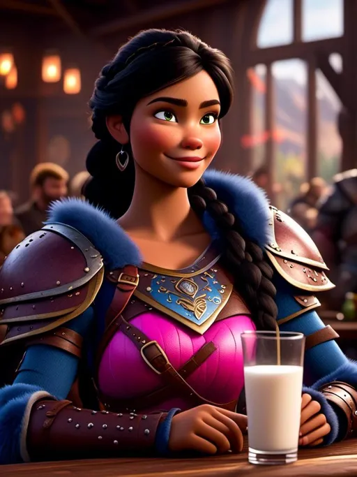 Prompt: <mymodel>CGI Animation, digital art, 20-year-old-old viking woman of royalty standing a busy tavern having a drink of milk, {{pink gear, blue armor}}, black hair, straight hair with a tiara, subtle smile, unreal engine 8k octane, 3d lighting, close up camera shot on the face, full armor