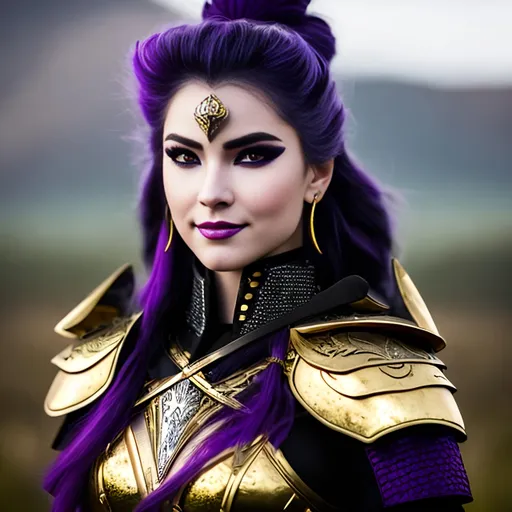 Prompt: she has a scar over her right eye, gold armor over her chest, purple lips, smiling, create a female viking warrior, the female has dark purple hair, her gear is black and silver, black pants, her eyes are light blue, she is in a grassy field