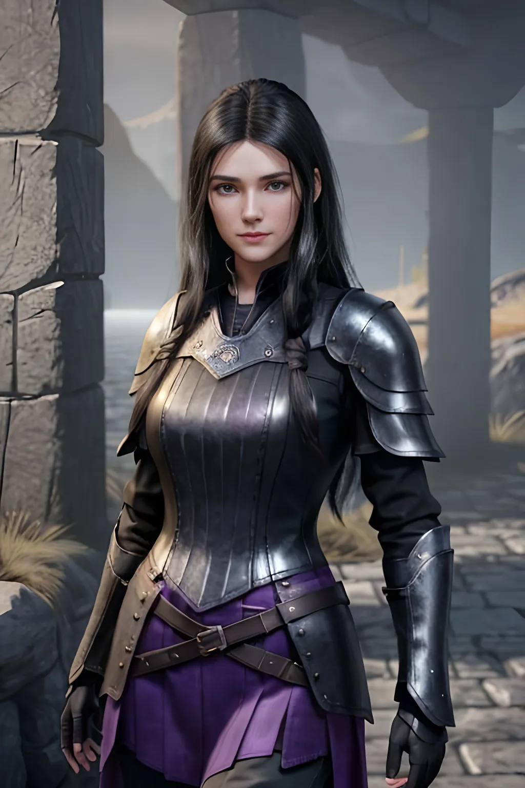 Prompt: Digital Art, 25-year-old viking woman, subtle smile, black straight hair, dark purple eyes, a dark purple long-sleeve shirt, textured skirt down to knees, dark purple pants, dark purple armor, long black hair with volume, middle part in hair, leather boots, dark purple gear, unreal engine 64k octane, hdr, 3d lighting, full body, full armor