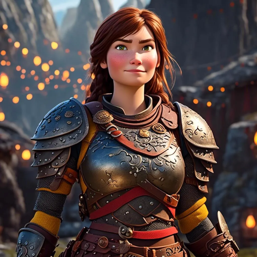 Prompt: <mymodel>CGI Animation of a viking female, brown hair in her face, hazel eyes, bright red gear and light armor, yellow highlights and textures, full light body armor, she has heavy gauntlets on her hands with armored gloves, standing in a viking village, intricate details, high quality, digital painting, cool tones, dramatic lighting