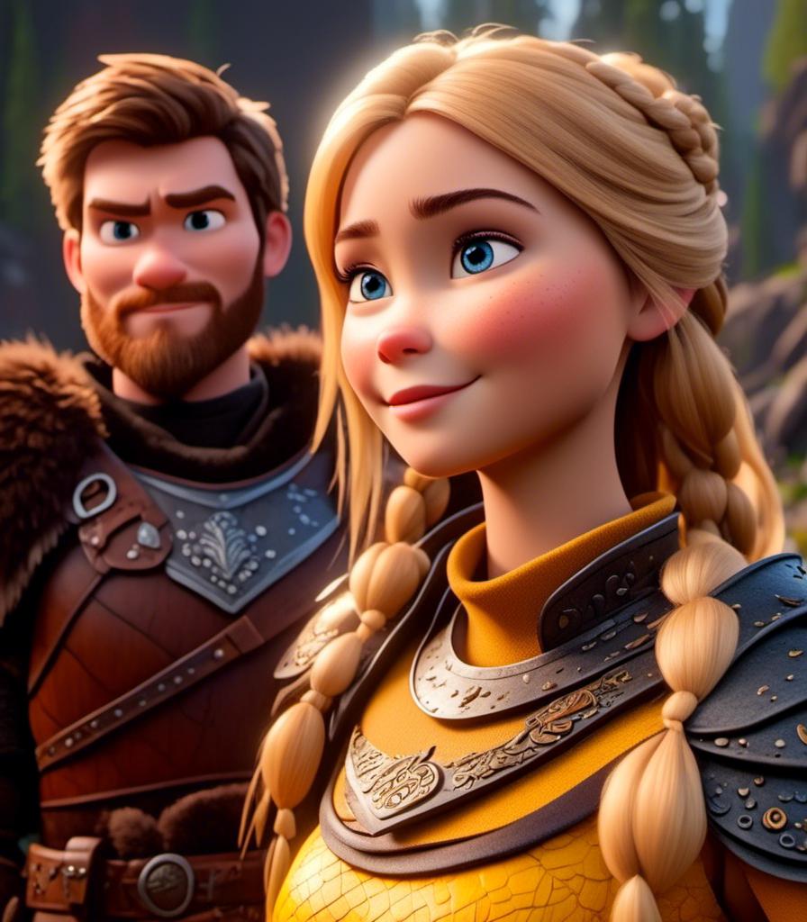 Prompt: <mymodel>CGI Animation, digital art, 20-year-old-old viking woman with light blue eyes standing with her brother and sister, yellow clothes, gold colored armor, blonde straight hair, subtle smile, unreal engine 8k octane, 3d lighting, close up camera shot on the face, full armor