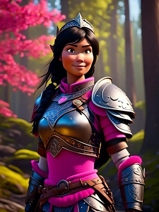 Prompt: <mymodel>CGI Animation, digital art, 20-year-old-old viking woman of royalty standing in the forest with bright sunshine, {{pink gear, blue armor}}, black hair, straight hair with a tiara, subtle smile, unreal engine 8k octane, 3d lighting, close up camera shot on the face, full armor