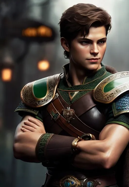 Prompt: he has short brown hair, create most handsome fictional male prince viking warrior, short brown hair, light green eyes, extremely detailed environment, detailed background, intricate, detailed skin, professionally color graded, photorealism, 16k, moody lighting