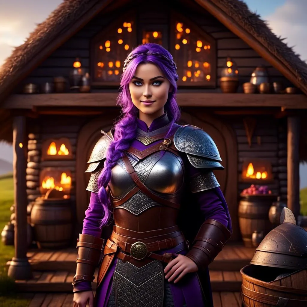 Prompt: Photo of <mymodel> viking in the style of 3D animation from "How to Train Your Dragon" standing in her viking hut