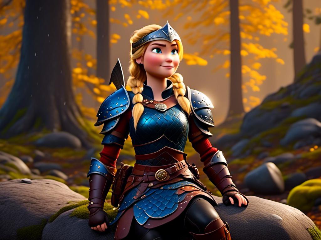 Prompt: <mymodel>CGi Animation, 20-year-old viking woman with blue eyes, she is wearing a helmet, a rainy scene, she is sitting on a boulder in a forest, the viking woman has a subtle smile, blonde hair in a ponytail style, she has blue gear, gold armor, black pants, black boots