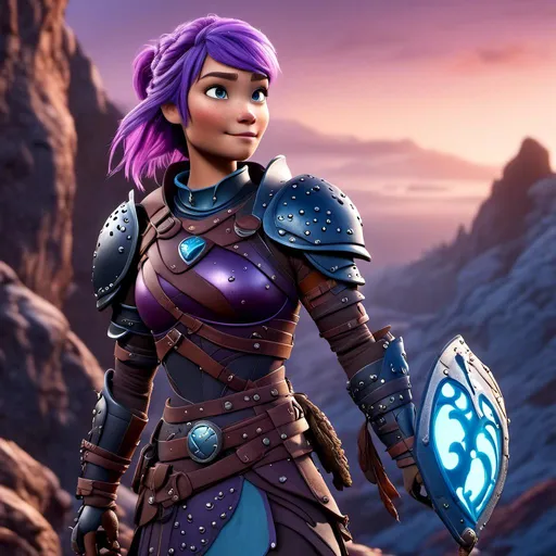 Prompt: <mymodel>CGI Animation of a viking female, purple hair in a single braid, light blue eyes, purple and black gear and armor, intricate details, high quality, digital painting, cool tones, dramatic lighting