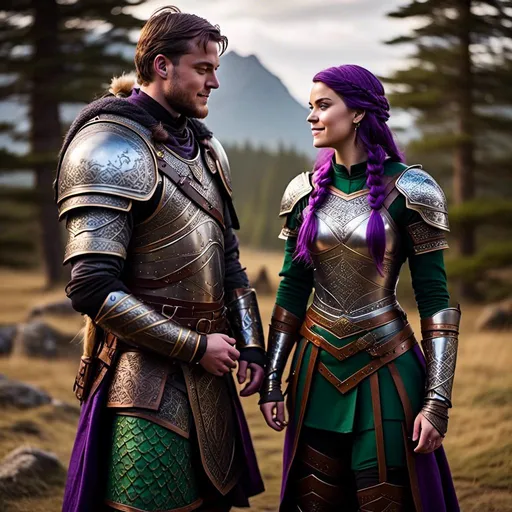 Prompt: Photo of <mymodel> standing next to her young husband Jarl Mollerson who has green gear and silver armor and short brown hair, she is slightly shorter than him