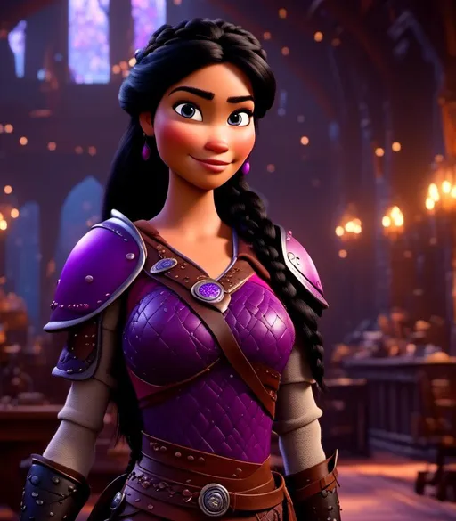 Prompt: <mymodel>CGI Animation, digital art, 20-year-old-old viking woman with light blue eyes, she is standing in her library, she is of royalty, {{black gear, purple armor}}, black hair with purple strands, single braid down her shoulder with a tiara, subtle smile, unreal engine 8k octane, 3d lighting, close up camera shot on the face, full armor