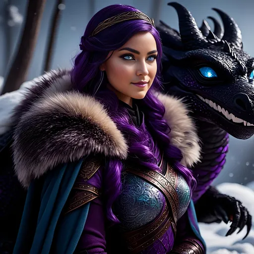 Prompt: Photo of <mymodel> standing next to her ((black)) razorwhip dragon from How to Train Your Dragon in the snow, {{she has light blue eyes}}, she is wearing a fur hood over her head, she is wearing a fur cape