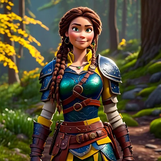 Prompt: <mymodel>CGI Animation, 20-year-old-old pirate woman, thick forest scene, {{yellow gear, blue armor}}, brunette hair, dreadlocks, subtle smile, beads hair, small red earrings, multiple braids, yellow gear, straight hair, green eyes, bracelets, rings on fingers, mercenary gear, unreal engine 8k octane, 3d lighting, full body, full armor