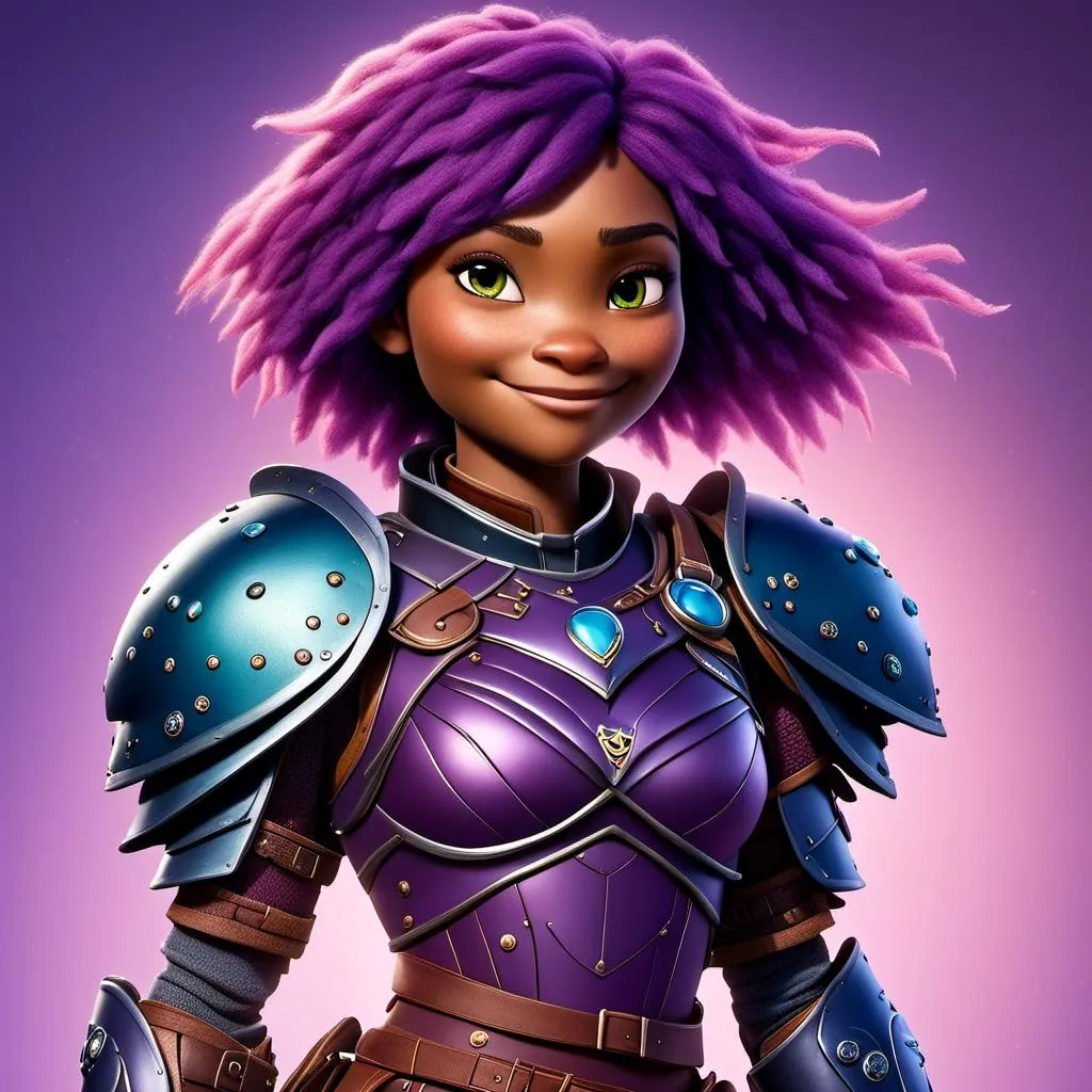 Prompt: a photo of <mymodel>, a {{{caucasian viking female}}} with purple hair and purple gear and armor with bursts of blue textures