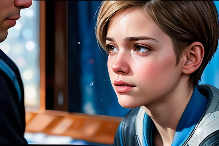 Prompt: Empathy painting from Detroit: Become Human, oil painting, emotional depiction, high quality, realistic, detailed brushwork, warm and soft lighting, subtle facial expressions, deep color tones, powerful emotions, meaningful, empathetic, emotional intensity