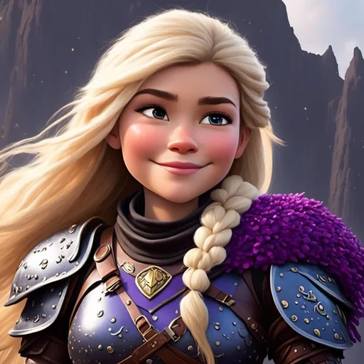 Prompt: a photo of <mymodel>, a caucasian white viking female with purple gear and armor