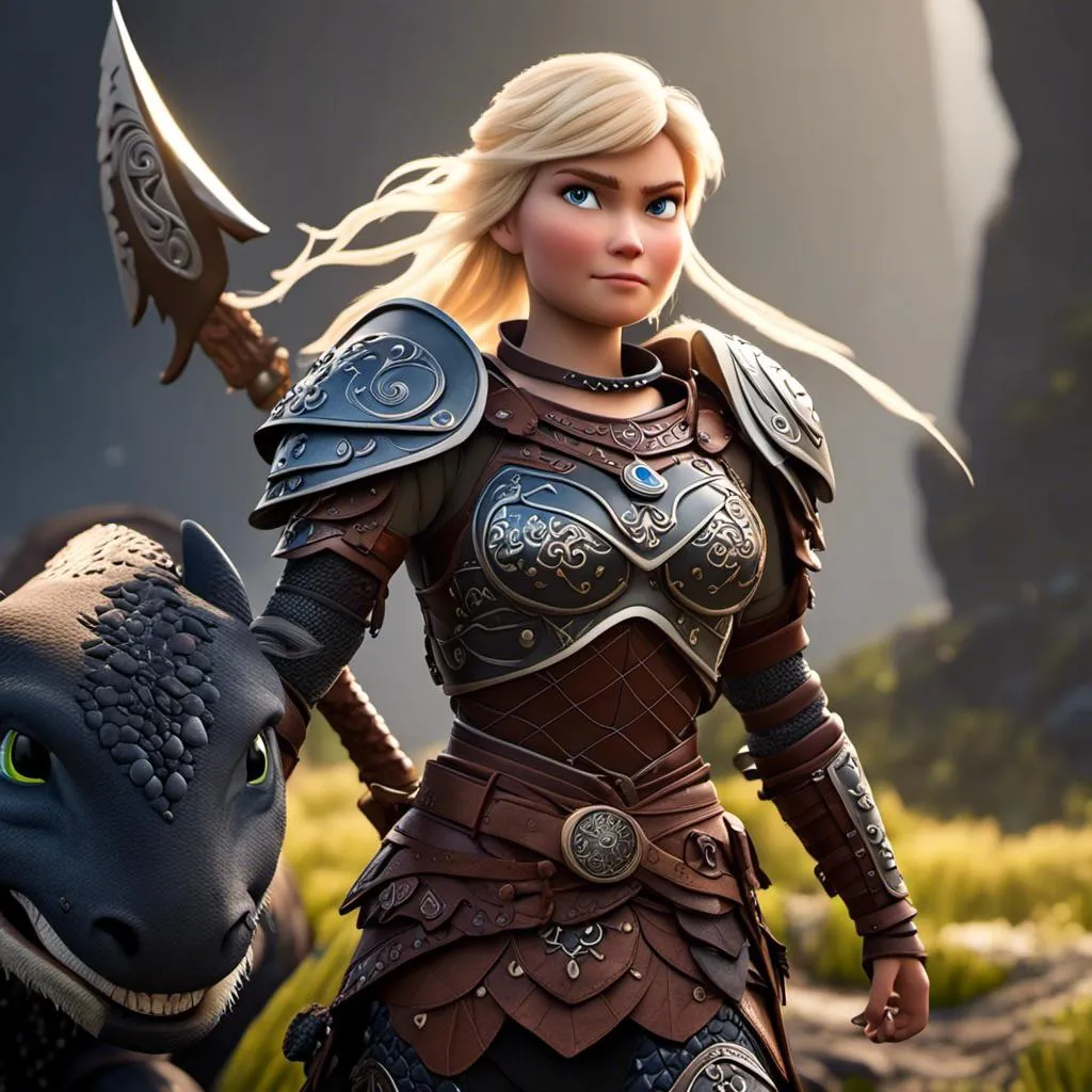 Prompt: <mymodel>Animated CGI style of a fierce Caucasian white Viking female about 25 years old, blond hair, detailed facial features, leather armor with intricate Nordic designs, battle axe and shield, intense and determined expression, dynamic and powerful pose, high definition, CGI, detailed armor, fierce female, Nordic designs, battle-ready, dynamic pose, professional lighting