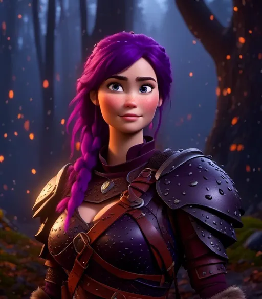 Prompt: <mymodel>CGI Animation, digital art, 20-year-old-old viking woman with light blue eyes, it is raining, she is of royalty standing at night next to a tree with her hands resting on the bark, she is in a dimly lit thick forest with trees everywhere, dense fog, {{black gear, purple armor}}, purple hair, single braid down her shoulder with a tiara, subtle smile, unreal engine 8k octane, 3d lighting, close up camera shot on the face, full armor