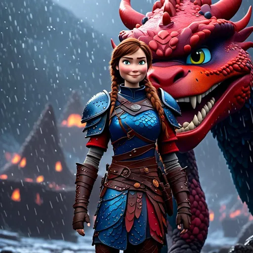 Prompt: <mymodel>CGi Animation, 20-year-old viking woman with blue eyes, a rainy scene, she is standing next to a bright red dragon with blue highlights, they are both in the rain, the viking woman has a subtle smile, brown hair with two pigtail braids, she has red gear, blue armor, black pants, black boots