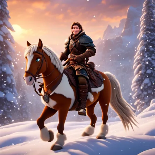 Prompt: <mymodel>CGI Animation, 20-year-old pirate man, rides a palomino horse through the snowy, a snowy scene, {{brown gear, silver armor}}, brunette hair, dreadlocks, subtle smile, beads hair, multiple braids, straight hair, blue eyes, bracelets, rings on fingers, mercenary gear, unreal engine 8k octane, 3d lighting, full body, full armor