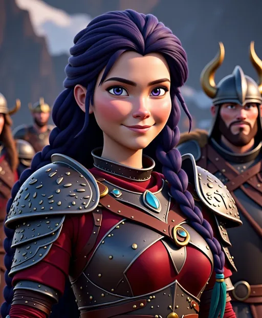 Prompt: <mymodel>CGI Animation, digital art, 20-year-old-old viking woman with violet eyes, Dark red Long sleeve shirt, skirt with dragon teeth on it, wears the snow wraith hood, ((dark dark blue hair with teal, pink and purple streaks)), fighting against another viking warrior in a sword battle with Annabeth who has purple hair with black and gold armor in the training ring, subtle smile, unreal engine 8k octane, 3d lighting, close up camera shot on the face, full armor
