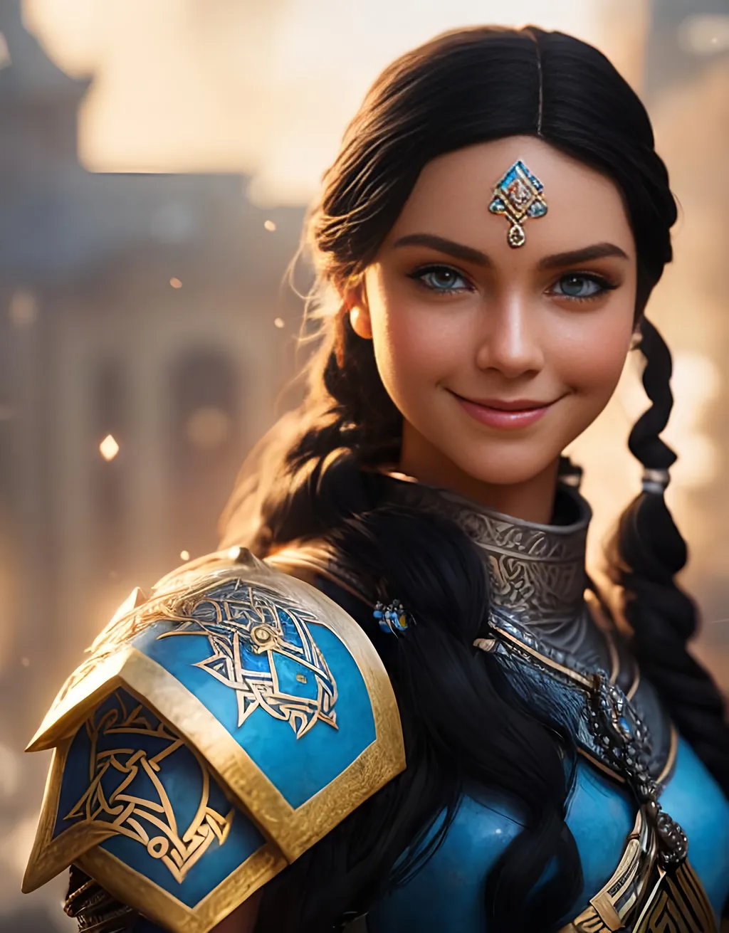 Prompt: she has black hair, create most beautiful fictional female princess viking warrior, hopeful smile, black hair, light blue eyes, extremely detailed environment, detailed background, intricate, detailed skin, professionally color graded, photorealism, 8k, moody lighting