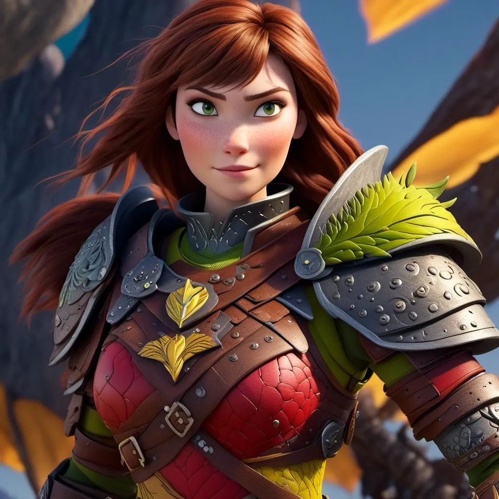 Prompt: <mymodel>CGI Animation of a viking female, brown hair, green eyes, bright red gear and armor, yellow highlights and textures, intricate details, high quality, digital painting, cool tones, dramatic lighting