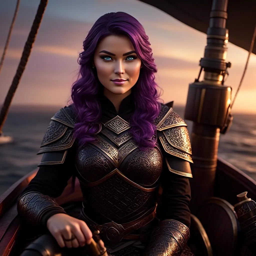 Prompt: <mymodel>25-year-old viking woman, subtle smile, light blue eyes, black gear, bright black armor, black textures and highlights, sitting in the hull of a viking ship, blurry background, unreal engine 8k octane, 3d lighting, full body, full armor