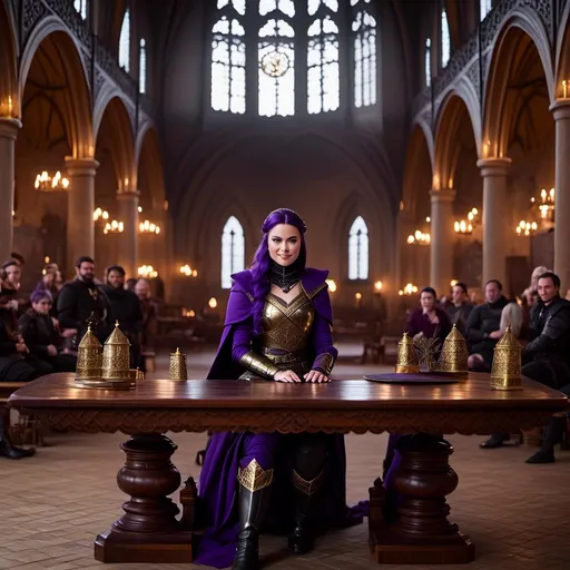 Prompt: Photo of <mymodel> sitting at a table in The Great Hall
