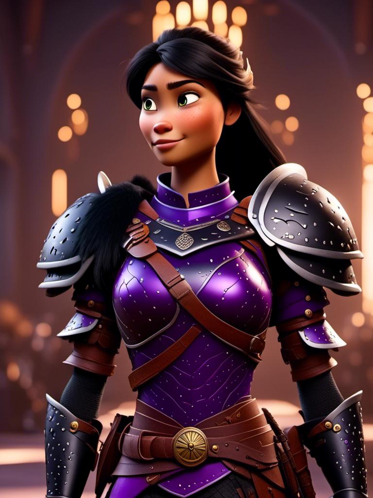 Prompt: <mymodel>CGI Animation, digital art, 20-year-old-old viking woman of royalty standing in The Great Hall on the Isle of Berk, {{purple gear, black armor}}, black hair, straight hair with a tiara, subtle smile, unreal engine 8k octane, 3d lighting, close up camera shot on the face, full armor