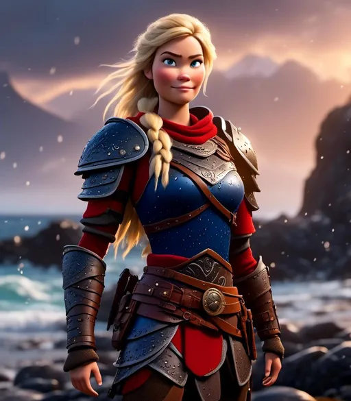 Prompt: <mymodel>CGI Animation, digital art, 20-year-old-old viking woman with blue eyes standing around several hot springs on a beach, ((blue clothes, blue colored armor,)) raging storm lighting, blonde straight hair, subtle smile, unreal engine 8k octane, 3d lighting, cinematic lighting, camera shot of full armor from head to toe