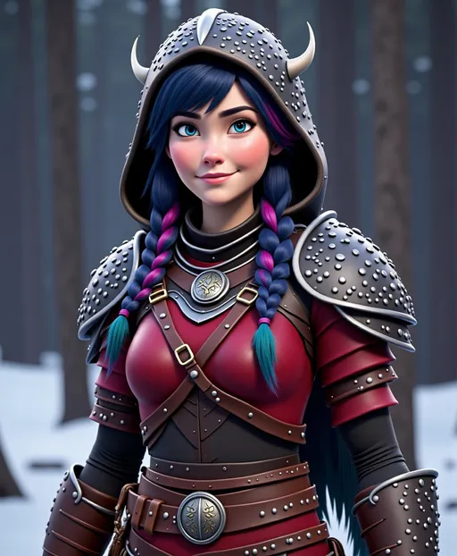 Prompt: <mymodel>CGI Animation, digital art, 20-year-old-old viking woman with violet eyes, Dark red Long sleeve shirt, skirt with dragon teeth on it, wears the snow wraith hood, ((dark dark blue hair with teal, pink and purple streaks)), standing snowy forest, subtle smile, unreal engine 8k octane, 3d lighting, close up camera shot on the face, full armor