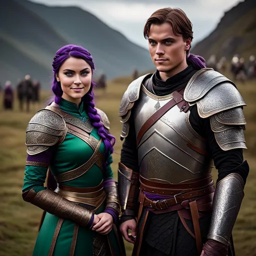 Prompt: Photo of <mymodel> standing next to her young husband Jarl Mollerson who has green gear and silver armor and ((short brown hair)), she is slightly shorter than him, Jarl Mollerson has a young looking face like hiccup