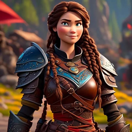 Prompt: <mymodel>CGI Animation, 20-year-old-old pirate woman, head is in rhe shape of an oval, {{brown gear, silver armor}}, brunette hair, dreadlocks, subtle smile, beads hair, small red earrings, multiple braids, straight hair, blue eyes, bracelets, rings on fingers, mercenary gear, unreal engine 8k octane, 3d lighting, full body, full armor