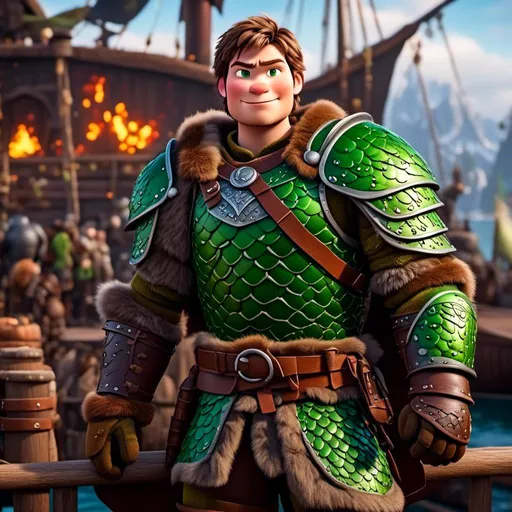 Prompt: <mymodel>Male viking warrior, standing on the viking docks, ((green dragon)), short brown hair, green eyes, green armor, brown gear, brown pants, brown boots, historical, strong and natural lighting