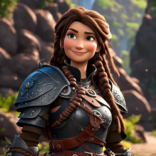 Prompt: <mymodel>CGI Animation, 20-year-old-old pirate woman, brown gear, silver armor, brunette hair, dreadlocks, subtle smile, beads hair, small red earrings, multiple braids, straight hair, blue eyes, bracelets, rings on fingers, mercenary gear, unreal engine 8k octane, 3d lighting, full body, full armor