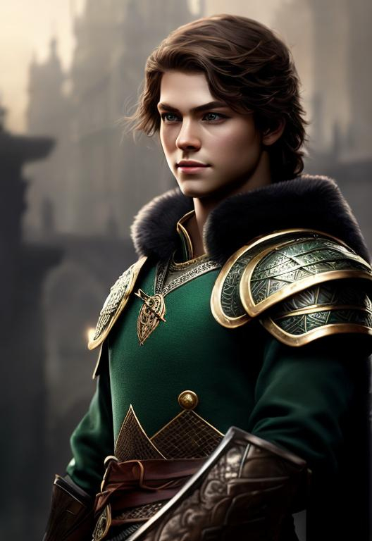 Prompt: he has short brown hair, slight smile, create most handsome fictional male prince viking warrior, short brown hair, light green eyes, extremely detailed environment, detailed background, intricate, detailed skin, professionally color graded, photorealism, 16k, moody lighting