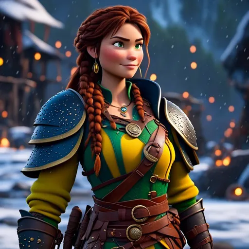 Prompt: <mymodel>CGI Animation, 20-year-old-old pirate woman, a rainy scene, {{yellow gear, blue armor}}, brunette hair, dreadlocks, subtle smile, beads hair, small red earrings, multiple braids, yellow gear, straight hair, green eyes, bracelets, rings on fingers, mercenary gear, unreal engine 8k octane, 3d lighting, full body, full armor