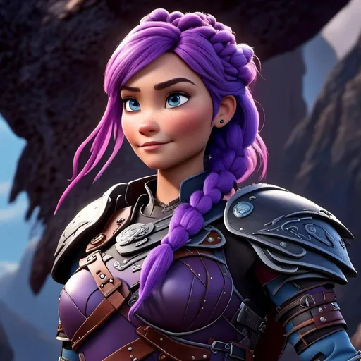 Prompt: <mymodel>CGI Animation of a viking female, purple hair in a single braid, light blue eyes, purple and black gear and armor, intricate details, high quality, digital painting, cool tones, dramatic lighting