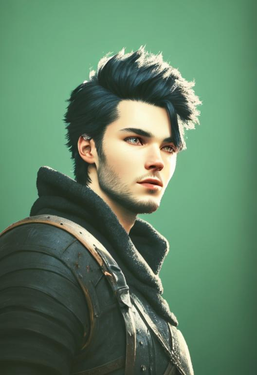 Prompt: Digital art, 22-year-old viking man, black hair. red viking gear, yellow armor, medium-length black hair, black stubble beard, hazel eyes, adventurer, blue sky background, unreal engine 8k octane, 3d lighting