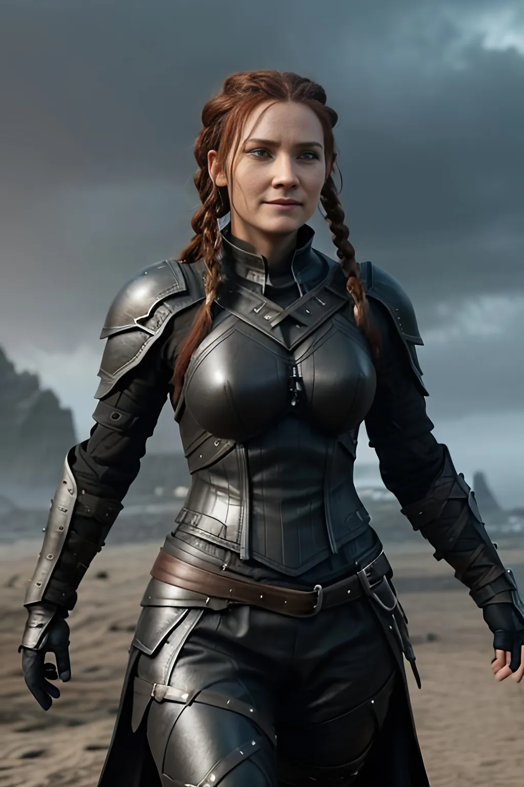 Prompt: Digital art, ((black)) rogue gear, ((black)) adventurer armor, Medium build, slightly broad-shouldered, (((DreamShaper Version 1))), Berk of How to Train Your Dragon, 40-year old viking woman, subtle smile, red hair, cornrow braids, blue eyes, ((black gear, black armor,)) unreal engine, 8k octane, 3d lighting, full body, full armor