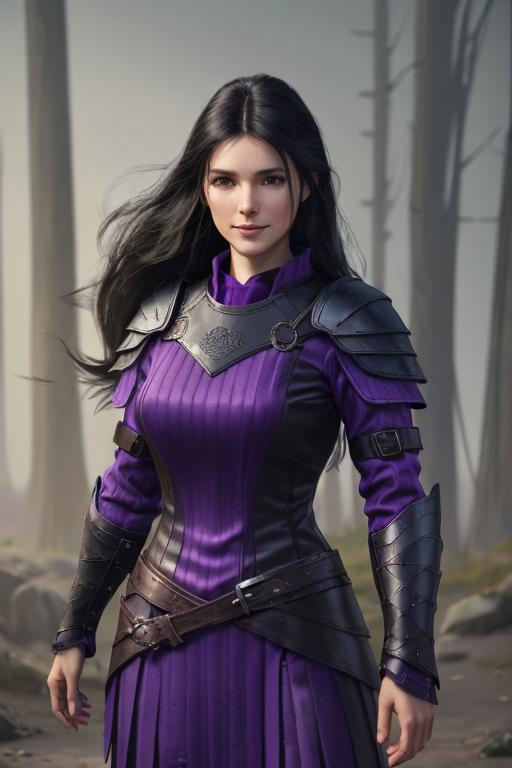 Prompt: Digital Art, 25-year-old viking woman, purple gear, purple clothes, subtle smile, black straight hair, dark purple eyes, a dark purple long-sleeve shirt, textured skirt down to knees, dark purple pants, dark purple armor, long black hair with volume, middle part in hair, leather boots, dark purple gear, unreal engine 64k octane, hdr, 3d lighting, full body, full armor