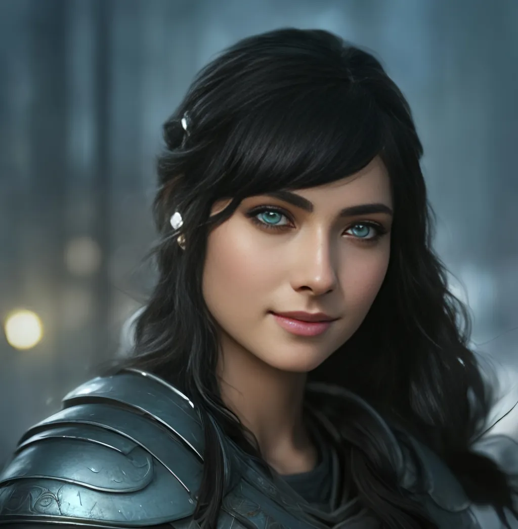 Prompt: she has black hair, create most beautiful fictional female viking warrior, hopeful smile, black hair, light blue eyes, extremely detailed environment, detailed background, intricate, detailed skin, professionally color graded, photorealism, 8k, moody lighting