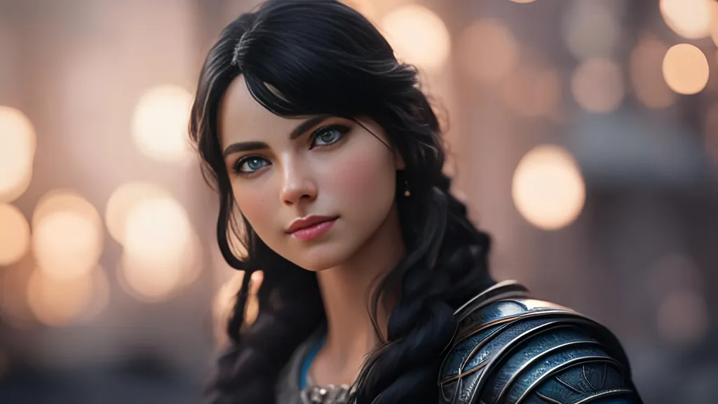 Prompt: she has black hair, create most beautiful fictional female viking warrior, subtle hopeful smile, black hair, light blue eyes, extremely detailed environment, detailed background, intricate, detailed skin, professionally color graded, photorealism, 8k, moody lighting