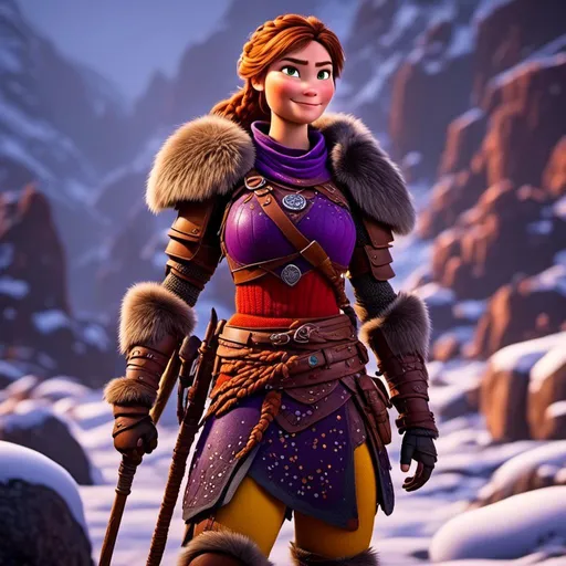 Prompt: <mymodel>CGi Animation, 25-year-old viking woman warrior with yellow eyes, a snowy scene, the viking woman has a subtle smile, brown hair in a braided bun on head, she has red gear, orange armor with bursts of purple textured splotches, black pants, black boots