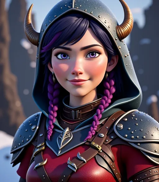 Prompt: <mymodel>CGI Animation, digital art, 20-year-old-old viking woman with violet eyes, Dark red Long sleeve shirt, skirt with dragon teeth on it, wears the snow wraith hood, ((dark dark blue hair with teal, pink and purple streaks)), subtle smile, unreal engine 8k octane, 3d lighting, close up camera shot on the face, full armor