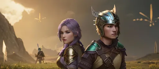 Prompt: create a female and male viking warriors, the female has purple hair and is holding and axe, her gear is black and silver.

The male has short brown hair with a gold helmet and holds a sword, his gear is shades of green with brown leather

They are in a grassy field