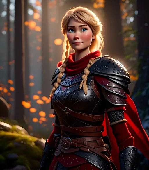 Prompt: <mymodel>CGI Animation, digital art, 20-year-old-old viking woman with light blue eyes standing in a dimly lit forest, blue assassin's creed clothes, red colored armor, blonde straight hair, subtle smile, unreal engine 8k octane, 3d lighting, cinematic lighting, camera shot of full armor from head to toe