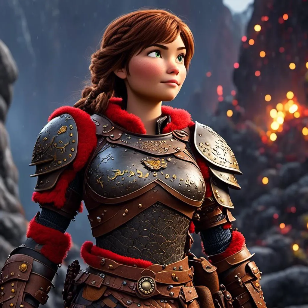 Prompt: <mymodel>CGI Animation of a viking female, brown hair in her face, hazel eyes, bright red gear and light armor, yellow highlights and textures, full light body armor, she has heavy gauntlets on her hands with armored gloves, standing in a viking village, intricate details, high quality, digital painting, cool tones, dramatic lighting