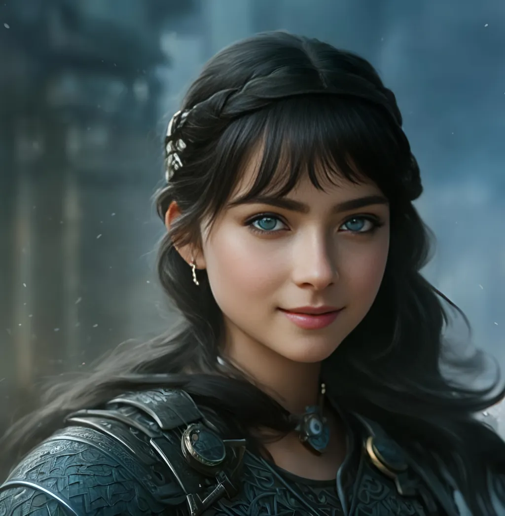 Prompt: she has black hair, create most beautiful fictional female princess viking warrior, hopeful smile, black hair, light blue eyes, extremely detailed environment, detailed background, intricate, detailed skin, professionally color graded, photorealism, 8k, moody lighting