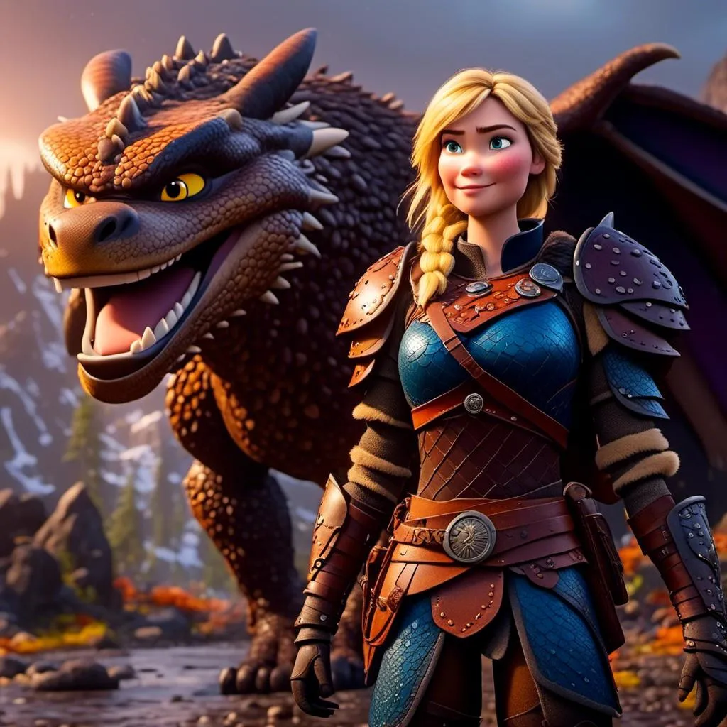 Prompt: <mymodel>CGi Animation, 20-year-old viking woman with blue eyes, a rainy scene, the viking woman has a subtle smile, blonde hair, she has blue gear, yellow armor, black pants, black boots, she is standing next to a bright blue dragon with purple highlights, unreal engine 8k octane, 3d lighting, full body, full armor