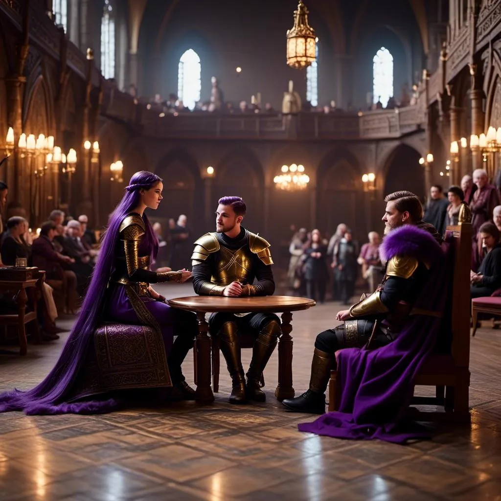 Prompt: Photo of a young <mymodel> sitting at the in The Great Hall discussing politics with her husband a young Jarl Mollerson, he has short brown hair and no beard